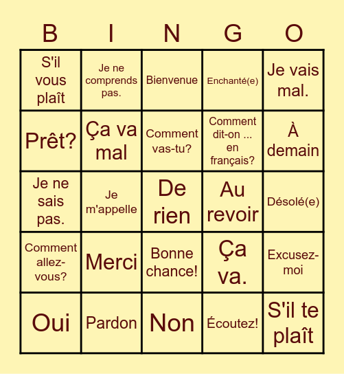 Exp. Fr. Basic Greetings (en français) Bingo Card