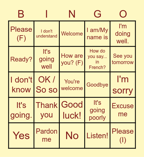 Exp. Fr. Basic Greetings (en anglais) Bingo Card