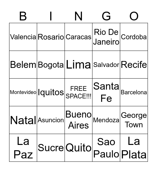 South America Bingo Card