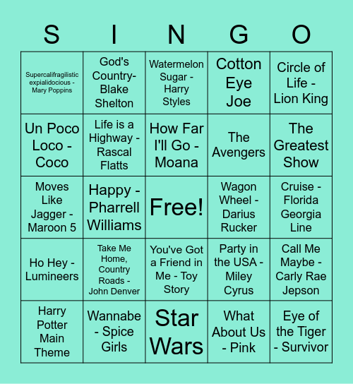 Singo - Name that Tune Bingo Card