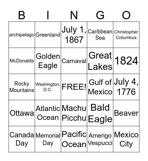 North America Bingo Card
