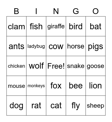 Animal Idiom Bingo Card