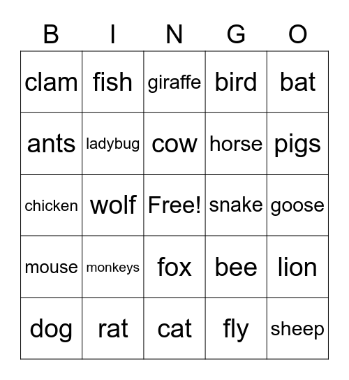 Animal Idiom Bingo Card