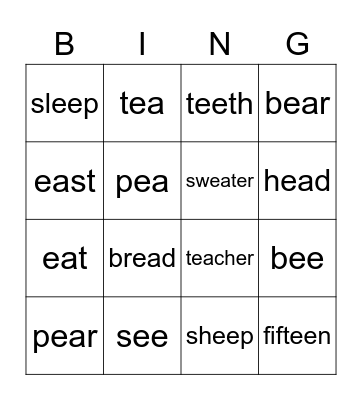 Bing for 'ee/ea' Bingo Card