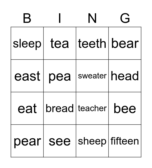 Bing for 'ee/ea' Bingo Card