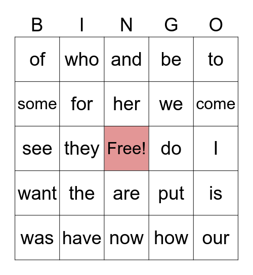 Sight Word Bingo Card