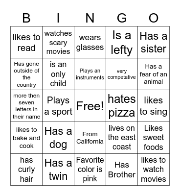 Get to know me Bingo Card