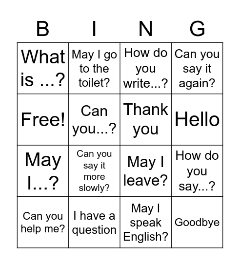 Classroom Language BINGO Card