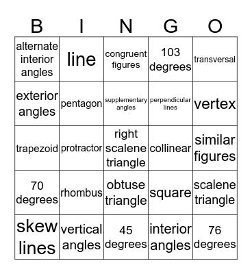 Geometry Vocabulary Bingo Card