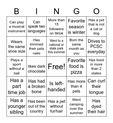 Get to Know You Bingo Card
