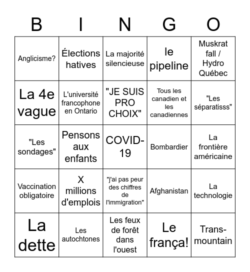 Débats des chefs 2 Septembre Bingo Card
