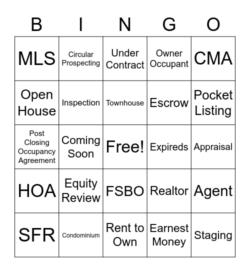 Real Estate Bingo! Bingo Card