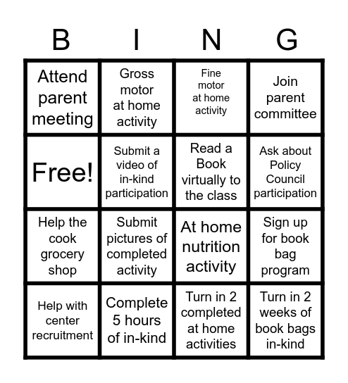 Parent In-Kind BINGO Card