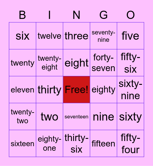 Numbers Bingo Card