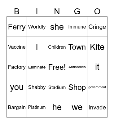 Vocabulary Bingo Card