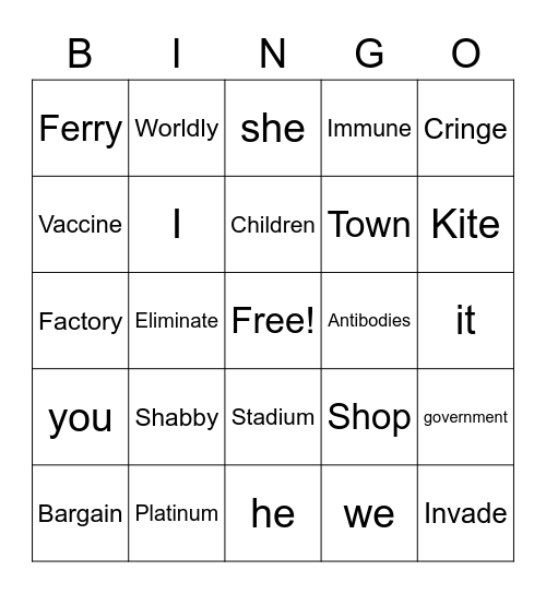 Vocabulary Bingo Card