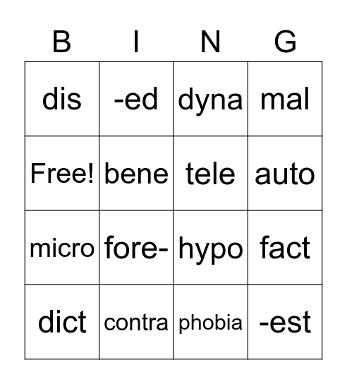 Vocabulary Bingo Card