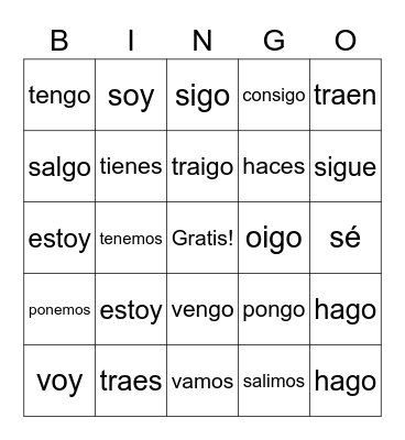 Irregular Yo Form Verbs Bingo Card