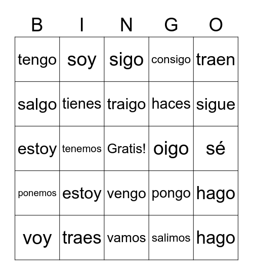 Irregular Yo Form Verbs Bingo Card