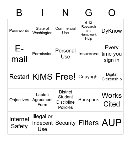 Acceptable Use Policy for Laptops Bingo Card