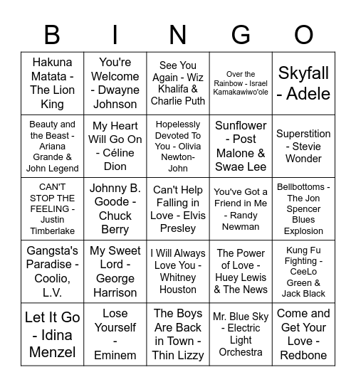 Songs On Film Bingo Card