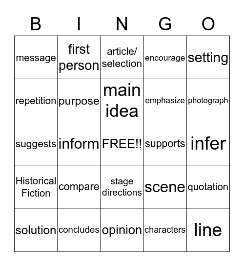 Reading Vocabulary #2 Bingo Card