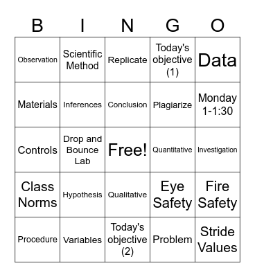 physical science, 9/8/21 Bingo Card