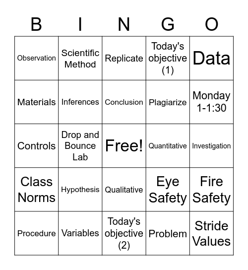 physical science, 9/8/21 Bingo Card