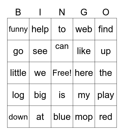 Site Words Bingo Card