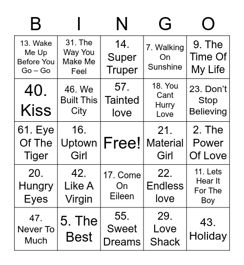 80s Bingo Card