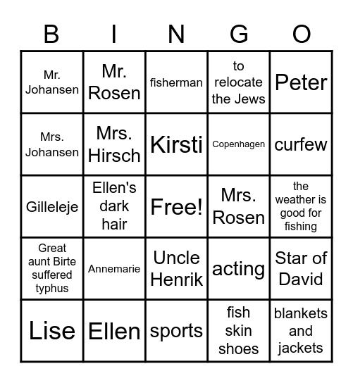 Number the Stars Bingo Card