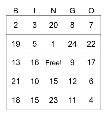Number Bingo Card