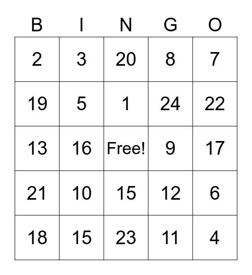 Number Bingo Card