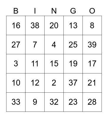 Number Bingo Card