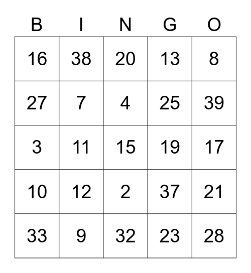 Number Bingo Card