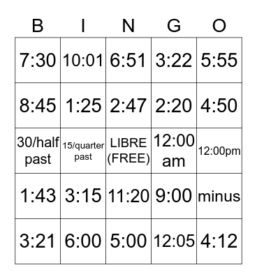 Spanish Time Telling Bingo Card