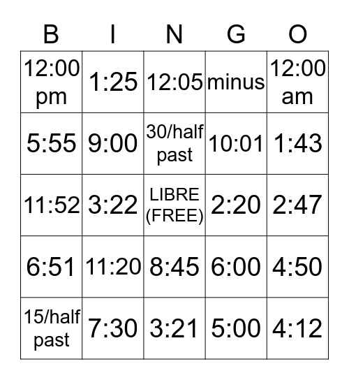 Spanish Time Telling Bingo Card