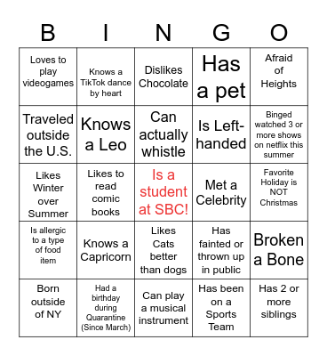 CORE 4 Grade 11 First Day Introduction Bingo Card