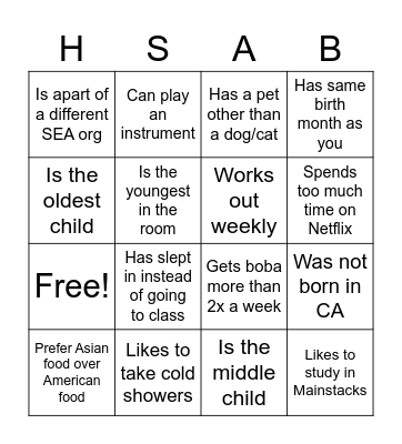 HSAB Welcome Event 2021-2022 Bingo Card