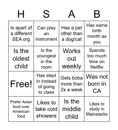 HSAB Welcome Event 2021-2022 Bingo Card