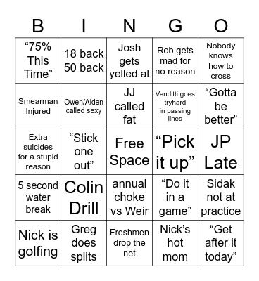 Big Red Soccer Practice Bingo Card