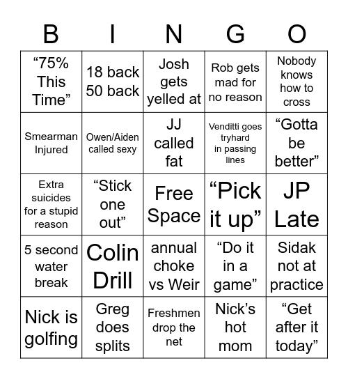 Big Red Soccer Practice Bingo Card