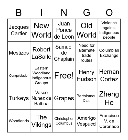 Exploration of the Americas Bingo Card