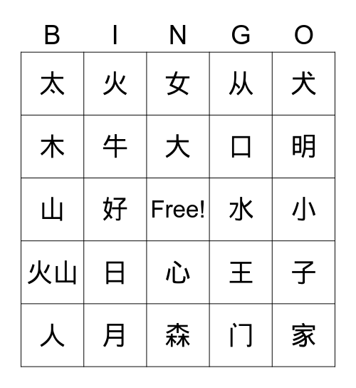 Chinese I Radicals Bingo Card