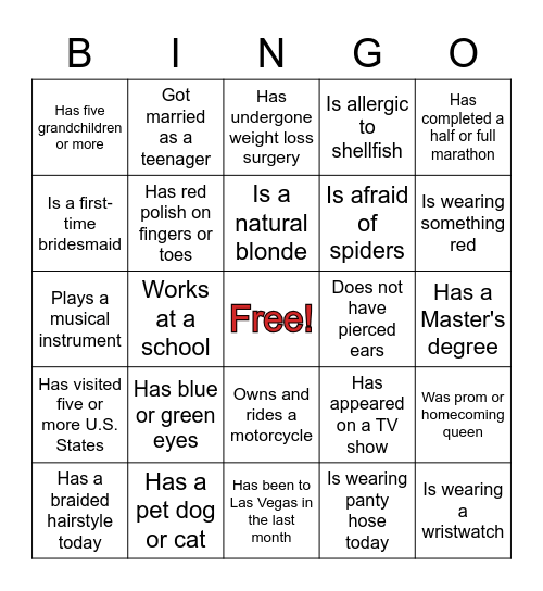 Bridal Shower Guest Bingo Card