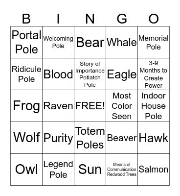 North Western Totem Poles Bingo Card