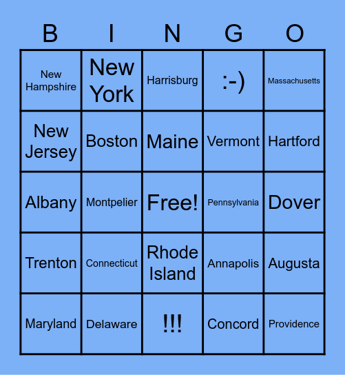 Northeast US States and Capitals Bingo Card