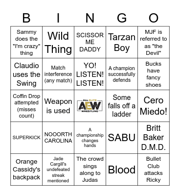 AEW Double of Nothing 2023 Bingo Card