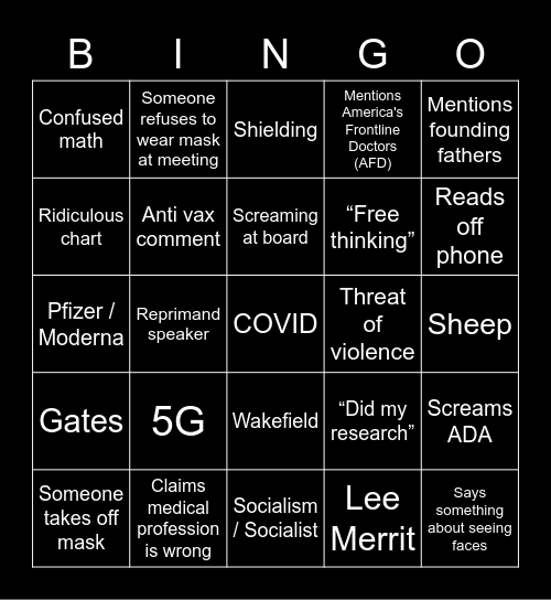 Board/Council COVID Meeting Bingo Card