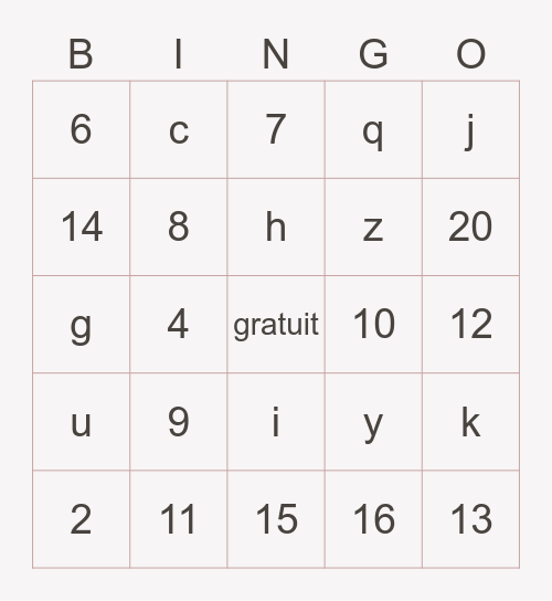 Numbers and alphabet Bingo Card